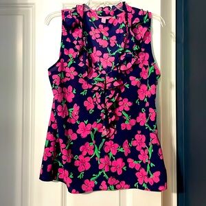 Lilly Pulitzer Navy and Pink Ruffle Floral Print Silk Tank, Size Medium